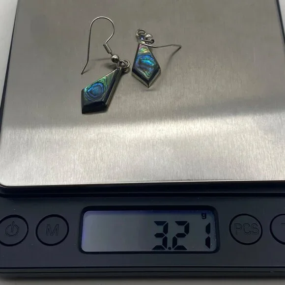 Abalone Shell Drop Earrings Geometric  Silver-Tone Dangle Boho Modern Paua - Picture 4 of 7